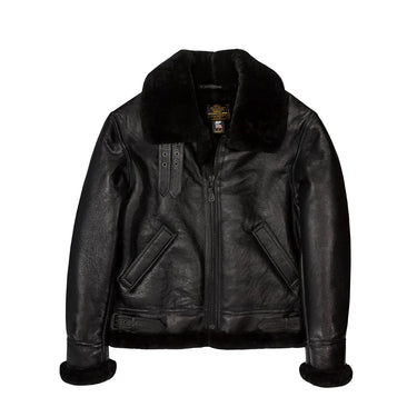 Black leather bomber jacket with shearling lining, stud pocket flaps, and zip front