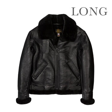 Sheepskin bomber long jacket in black leather with dark fur collar and front zipper pockets