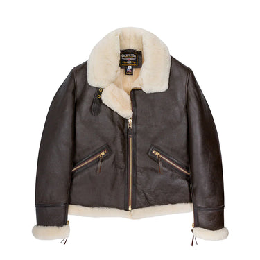 Brown leather sheepskin jacket with cream shearling collar, full zip, two chest pockets