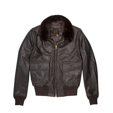 Goatskin G-1 jacket with dark fur collar, front zip, and chest flap pockets