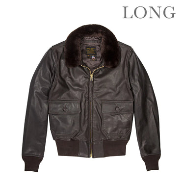Men's G-1 leather jacket with shearling collar, zip-front, and two chest pockets