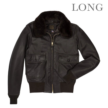 Dark leather flight jacket with removable plush fur collar, zip front, flap pockets