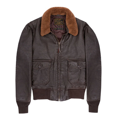 Goatskin flight jacket with brown shearling collar, zip front, two chest pockets