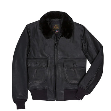 Black goatskin G-1 jacket with plush fur collar, front zip, and two snap flap pockets