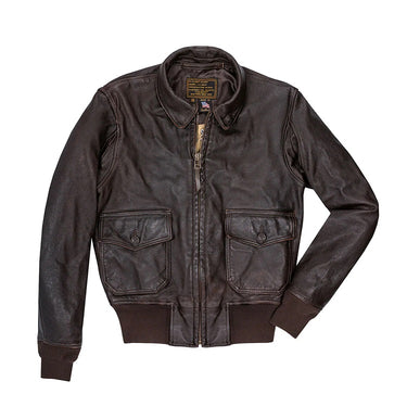 Brown leather flight jacket with front zip and two chest pockets