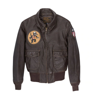Brown leather G-1 bomber jacket with front zip, two chest pockets, and sleeve patch