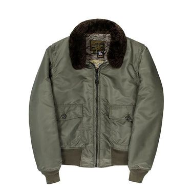 Sage green G-1 bomber jacket with dark faux-fur collar, front zip, chest pockets