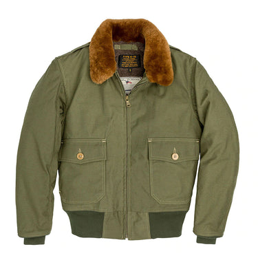 Olive drab B-10 flight jacket with tan shearling collar and center front zipper