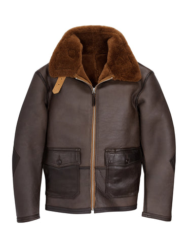 Brown sheepskin flight jacket with shearling collar, zip front, chest flap pockets