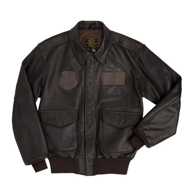 Dark pilot jacket with stand collar, zipper front, flap chest pockets