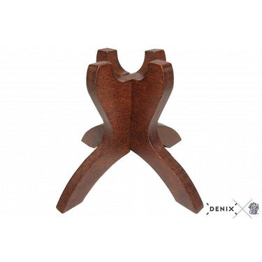 Denix wood stand, dark carved U-shaped support with three feet base.