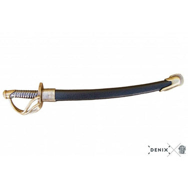 Officer sabre letter opener with black handle, brass guard, and curved blade