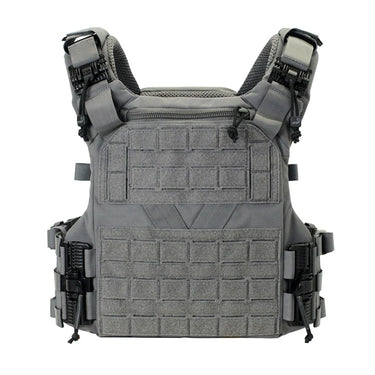 Plate carrier front panel with tan MOLLE grid, padded chest, and black straps