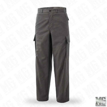 Grey combat trousers with cargo side pockets and belt loops