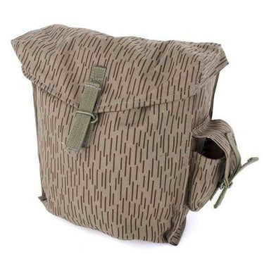 Raindrop camo gas mask pouch with front flap and webbing carry strap