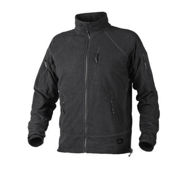 Dark grey fleece jacket with full zip front and stand collar, zip pockets