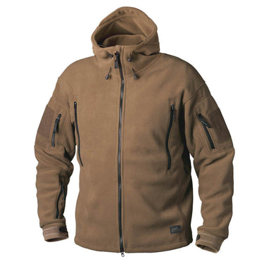 Heavy fleece jacket in tan, full-zip front, adjustable hood, zip sleeve pockets