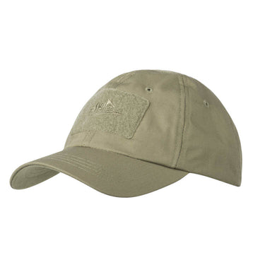 Olive baseball cap with front fabric patch and curved brim