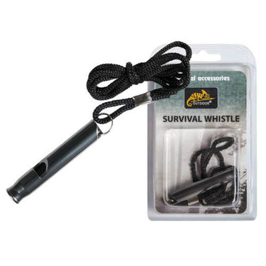 Survival whistle with black lanyard, in clear blister packaging