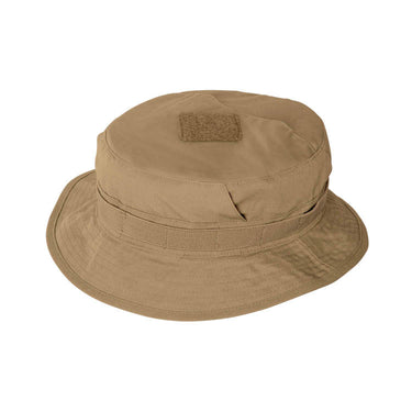 CPU cotton ripstop hat in tan, with front fabric patch and brim stitching