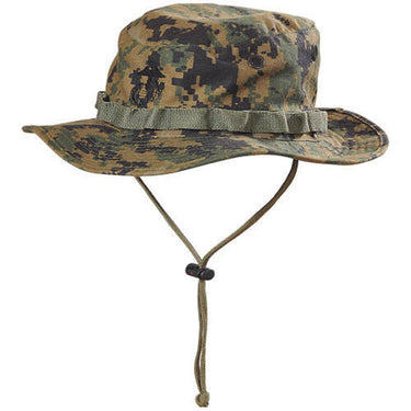 Digital camo boonie hat with wide brim and chin cord