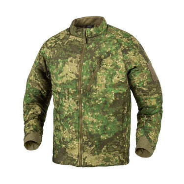 Green camouflage insulated jacket with full-zip front and stand collar