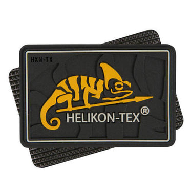 Dark rubber Velcro logo patch with yellow Helikon-Tex logo and hook-and-loop backing