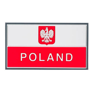 Polish banner patch with red eagle crest and 'POLAND' text on red stripe