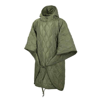 Olive green roll-up poncho with hood, quilted diamond pattern, drawstring hem