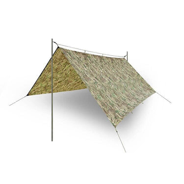 Camouflage shelter cape with slanted panel and triangular side panel, green-brown