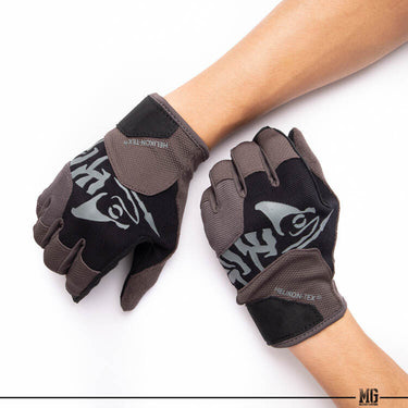 Black tactical gloves with gray camo graphic on back and padded finger tips