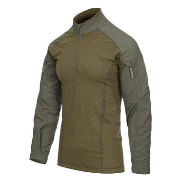 Olive combat shirt with long sleeves, half-zip mock neck, gray side panels