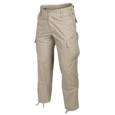 Khaki cotton ripstop cargo pants with multiple utility pockets and belt loops