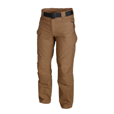 Tan tactical pants with belt loops, zip fly, and cargo pockets
