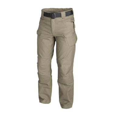 Beige ripstop cargo pants with adjustable waistband and cargo side pockets