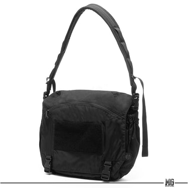 Black courier bag with front pocket, flap, and top carry handles with shoulder strap