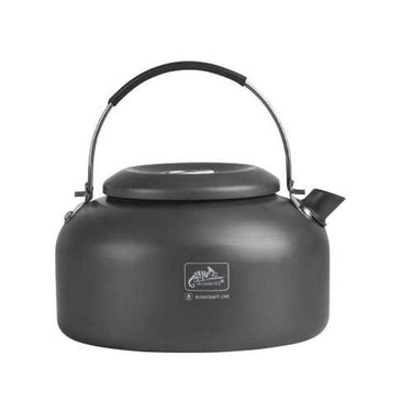 Dark aluminum camp kettle with curved handle and matching lid