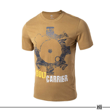 Tan cotton T-shirt with Bolt Carrier graphic print on chest