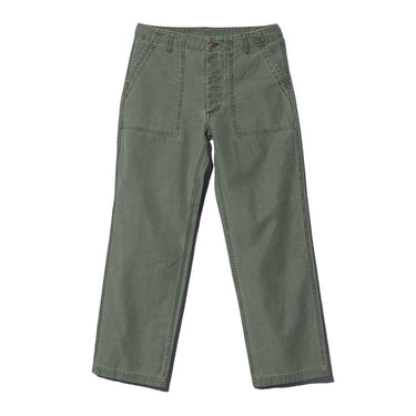 Olive drab fatigue pants with straight legs and drawstring waist