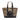 Olive canvas tote bag with black side panels, contrast handles, and a front pocket