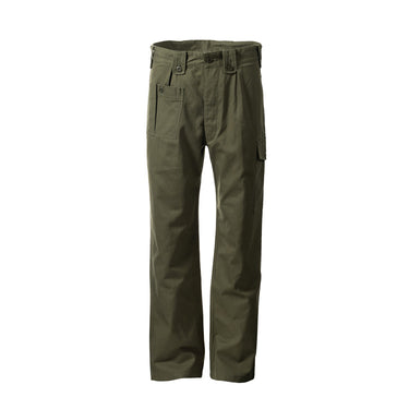 Olive drab army-style field pants with buttoned fly, belt loops, and cargo pockets