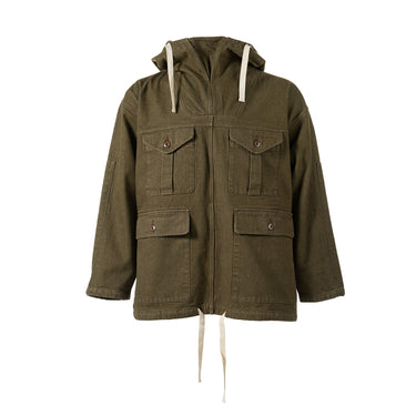 Green denim smock jacket with hood, snap buttons, chest flap pockets, and drawstring ties