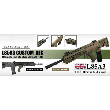 Dark earth L85A3-style airsoft electric rifle with rail handguard and black magazine