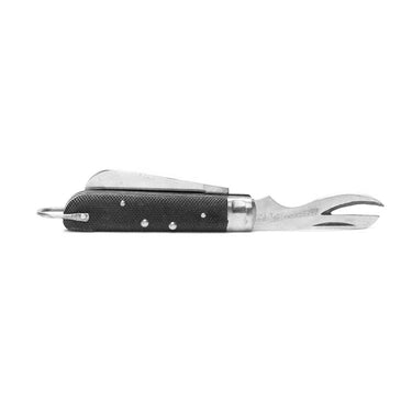 Black 2-piece pocket knife with two blades open, textured handle and metal bolster