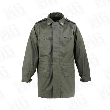 Olive drab field coat with snap-closure pockets, button front, and stand collar