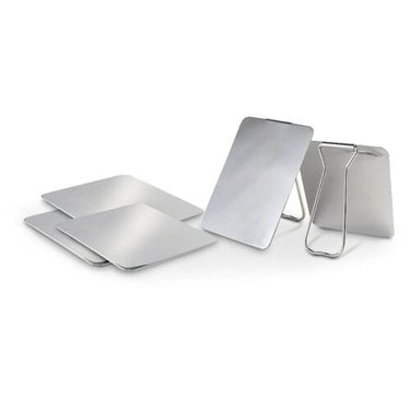 Stainless steel pocket shaving mirror set with hinged folding plates and carry loop