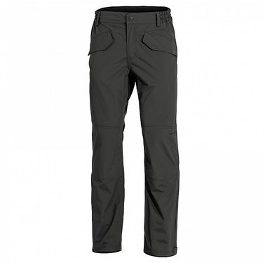 Dark gray waterproof rain pants with flap cargo pockets and ankle cuffs