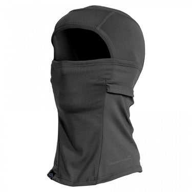 Black balaclava hood with face opening and contoured stitched panels, stretch fit