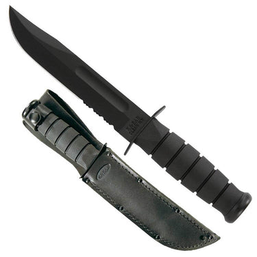 Ka-Bar utility knife with black handle and serrated edge, in black leather sheath