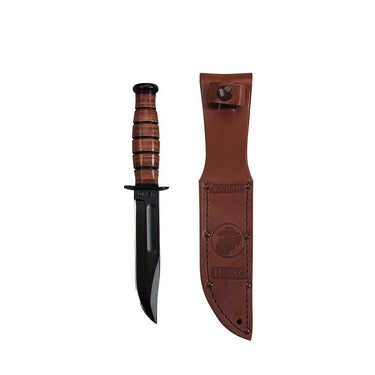 Ka-Bar USMC shorty fighting knife with dark blade and brown leather sheath